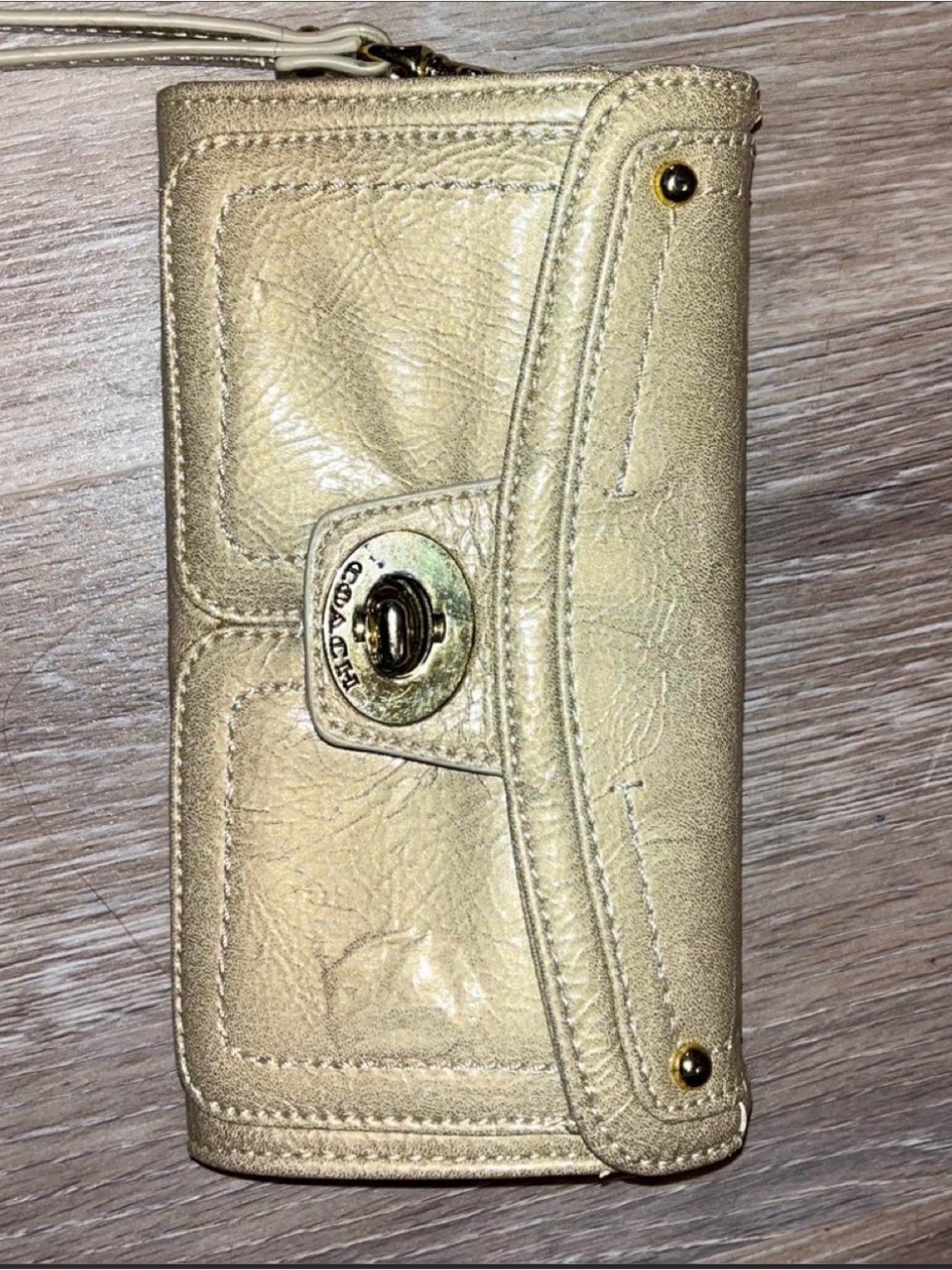 Coach Metallic Gold Leather Turn-Lock Wristlet Wallet
